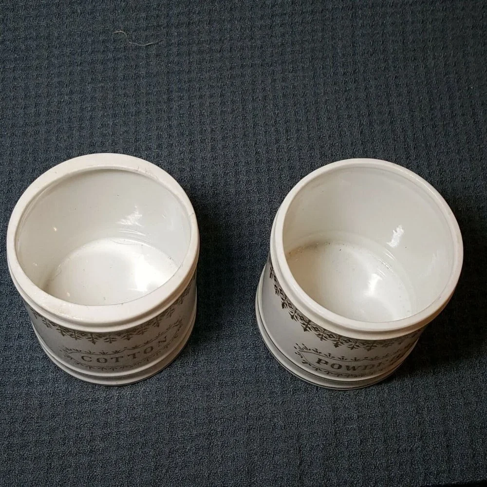 Vtg Lefton China Handpainted Cotton & Powder Holders Gold Embellishments No Lids